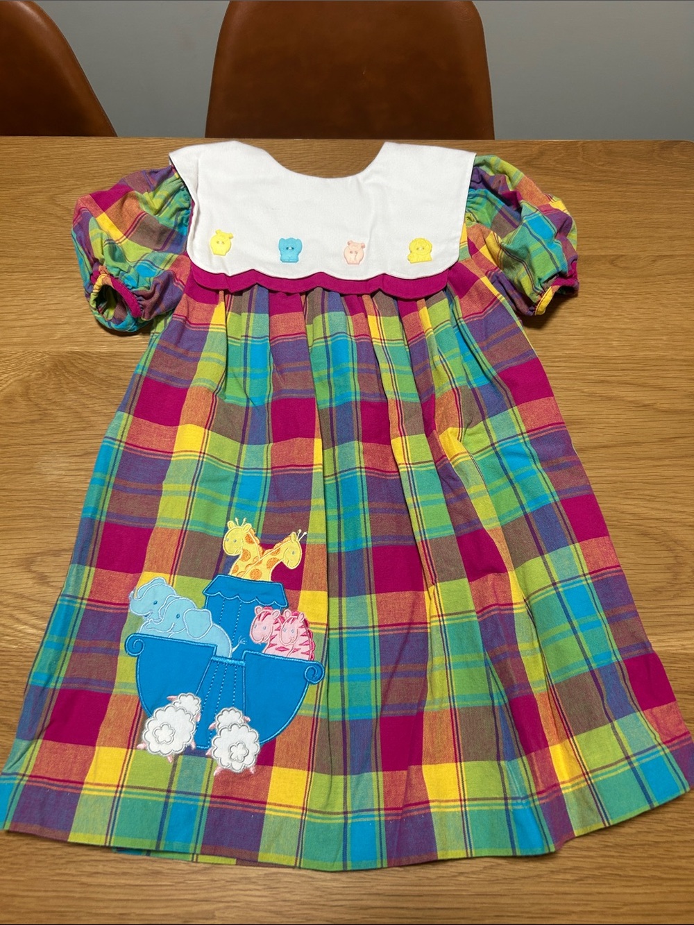 Vintage Girls Bonnie Jean Bright Multi-Color Plaid Dress- Noah’s Ark Theme